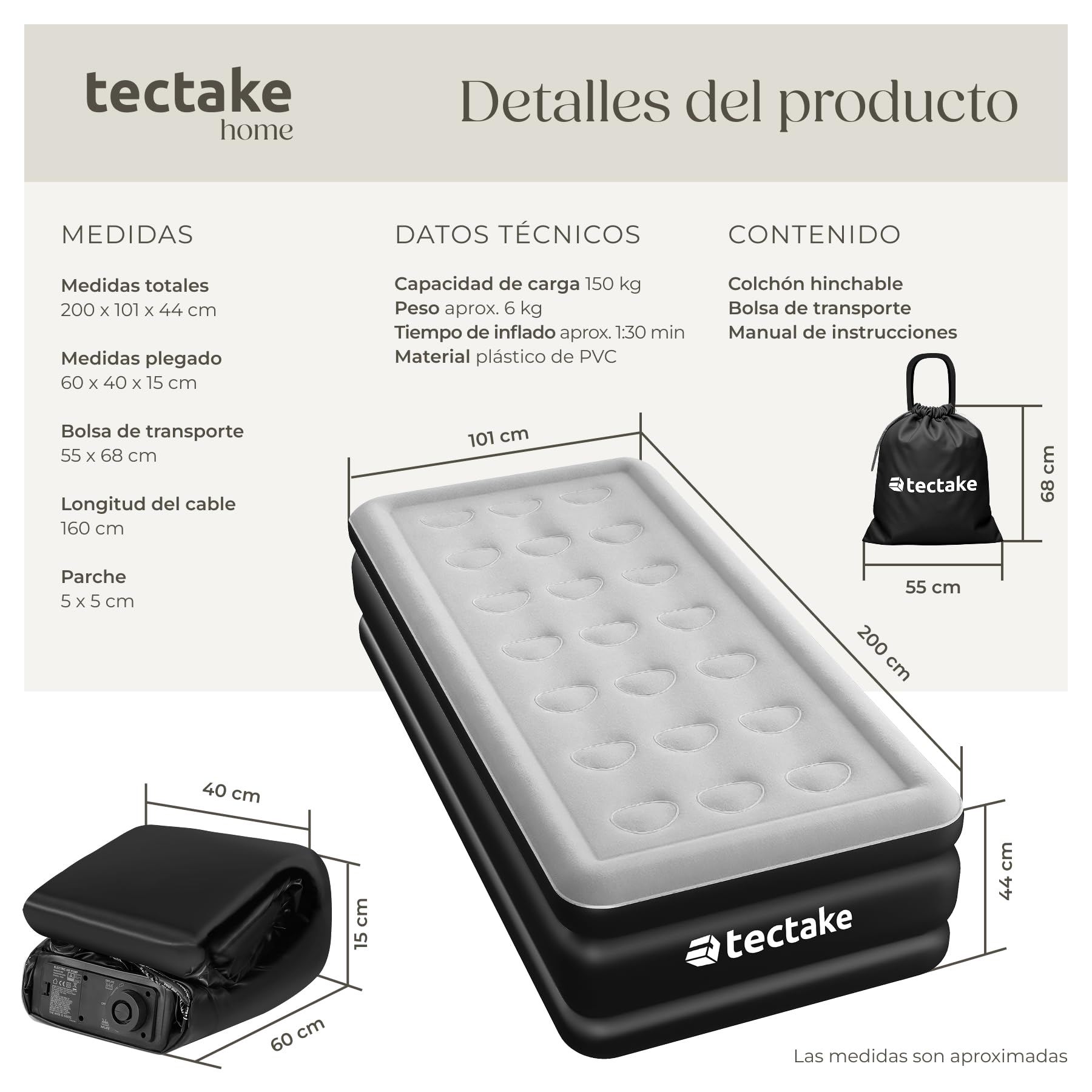 tectake® Colchón Hinchable con Bomba Eléctrica, Colchón Inflable Ergonómico, Cama Hinchable, Colchón Autoinflable, con Bolsa de Transporte, Ideal Camping o Cama para Invitados, 200 x 101 x 44 cm