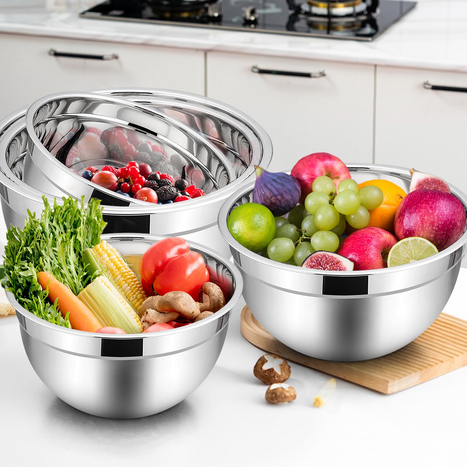 COM-FOUR® 3-delige kommenset van roestvrij staal - stapelbare slakom 1300 ml - roestvrijstalen kom voor bakken, serveren en snacken - mengkom - waterbak voor huisdieren (3 stuks - 19cm