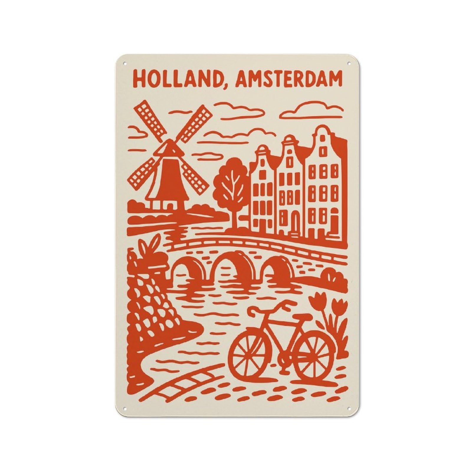 Junmoney Style-8 Holland, Amsterdam Illustration Printed Metal Sign 30X20cm For Lounge Or Reading Corner, For Retro Home Interiors, For Garage And Workshop Walls