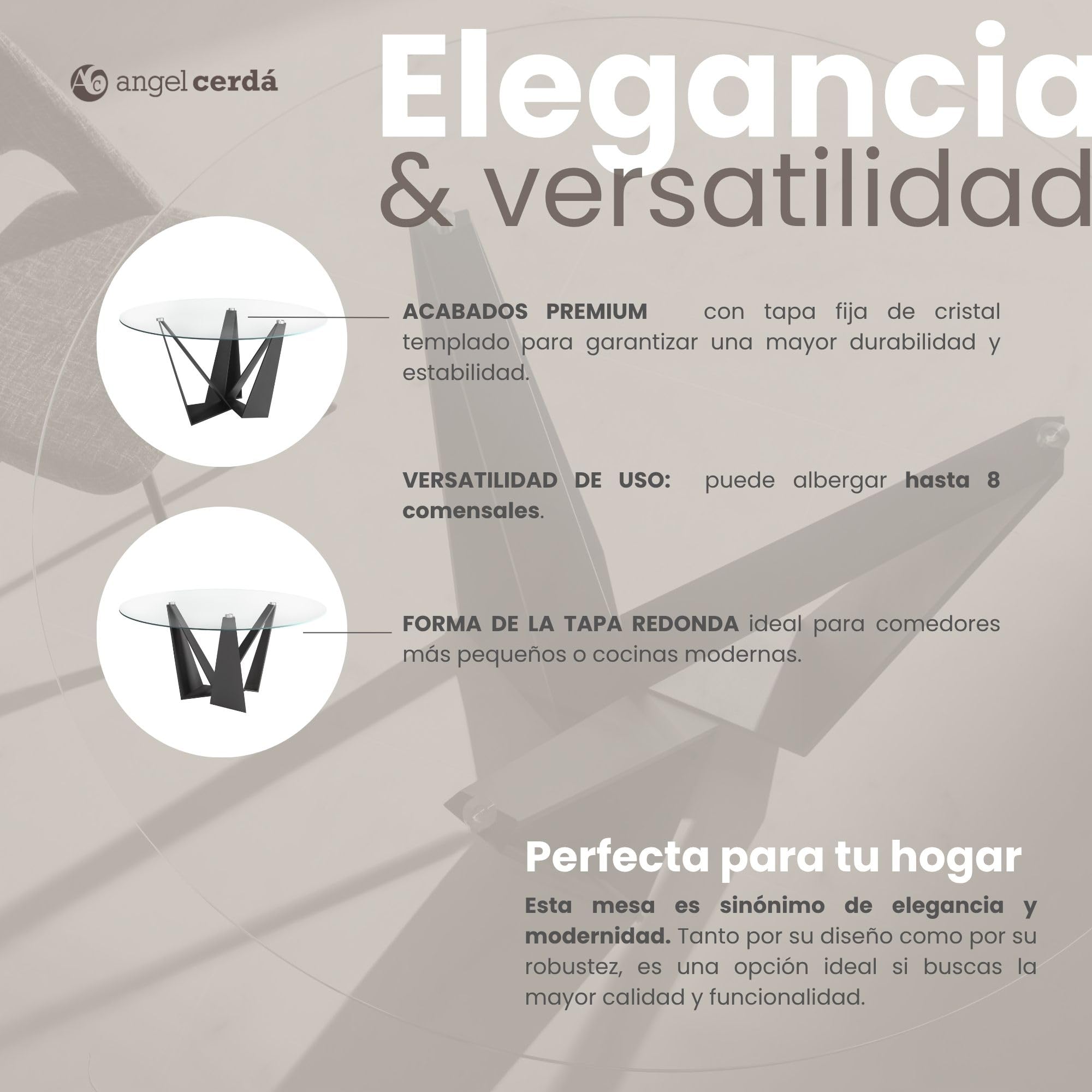 Mesa de Comedor Redonda Ángel Cerdá 1045 de Cristal Templado Transparente y Patas de Acero Color Negro, Ø 150 x 75 cm