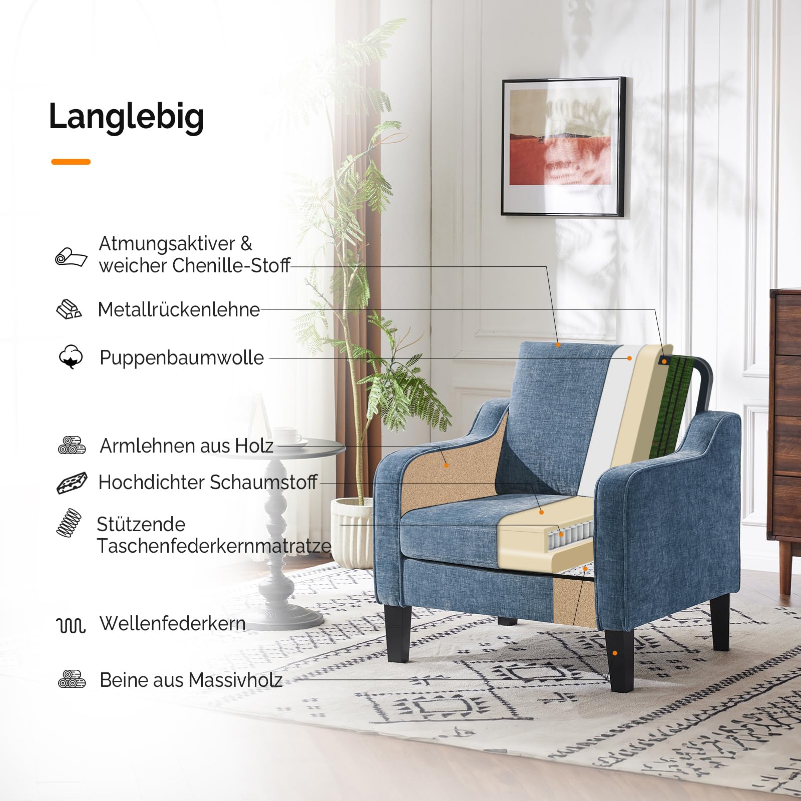 Bonnlo Sessel, Loungesessel aus Chenille, Polstersessel mit Armlehnen und Holzbeinen, Ohrensessel für Wohnzimmer,Schlafzimmer,Relaxsessel Fernsehsessel 76 x 78 x 84 cm,Komfort (2, blau)