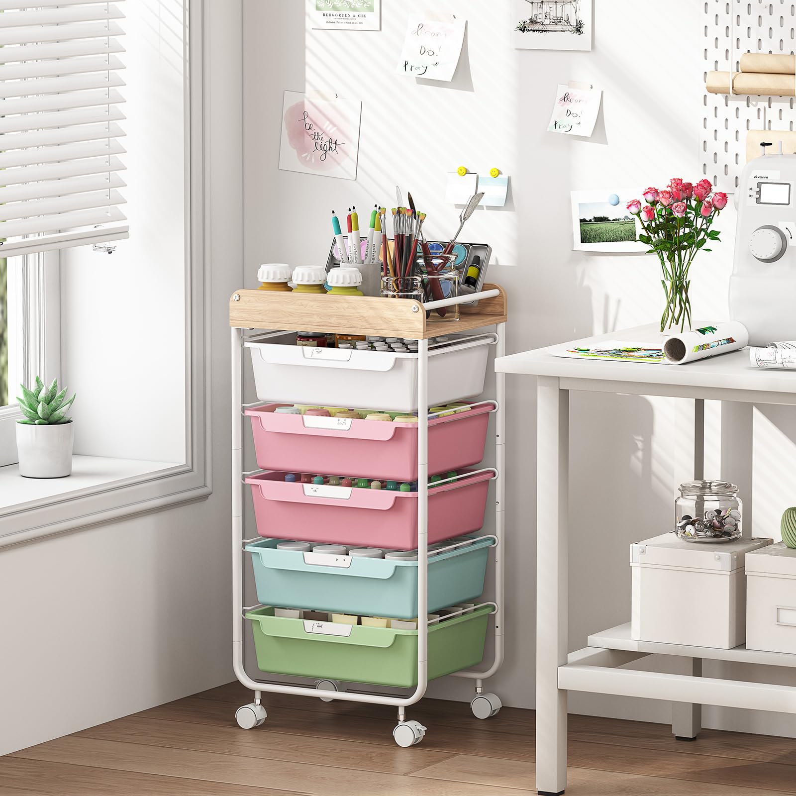 SYKIARIOL Chariot à 5 tiroirs avec roulettes en plastique pour salle de bain - Chariot à outils et de rangement avec plan de travail en bois - Convient pour salle de bain, cuisine, salon, bureau