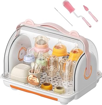 Baby Bottle Drying Rack Storage with Cover, 3 Brushes, Orange