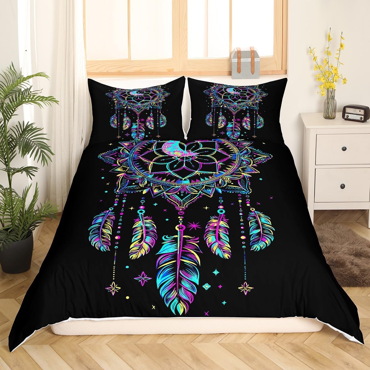 Erosebridal Dream Catchers Duvet Cover Set Bohemian Dream Catchers Twin Bedding Sets for Girls,Exotic Comforter Cover Mandala Floral Feather Bed Set,Boho Decor