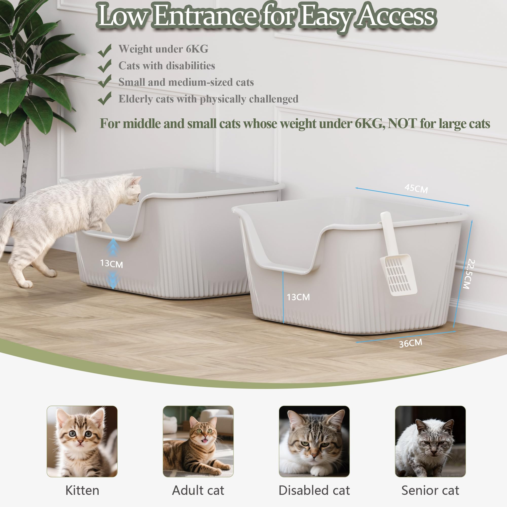 Vealind Bandeja de arena para gatos de cara alta con entrada lateral, 2 cajas de arena para gatos con pala de arena, 100% a prueba de fugas, antisalpicaduras, bandeja de arena profunda para gatitos