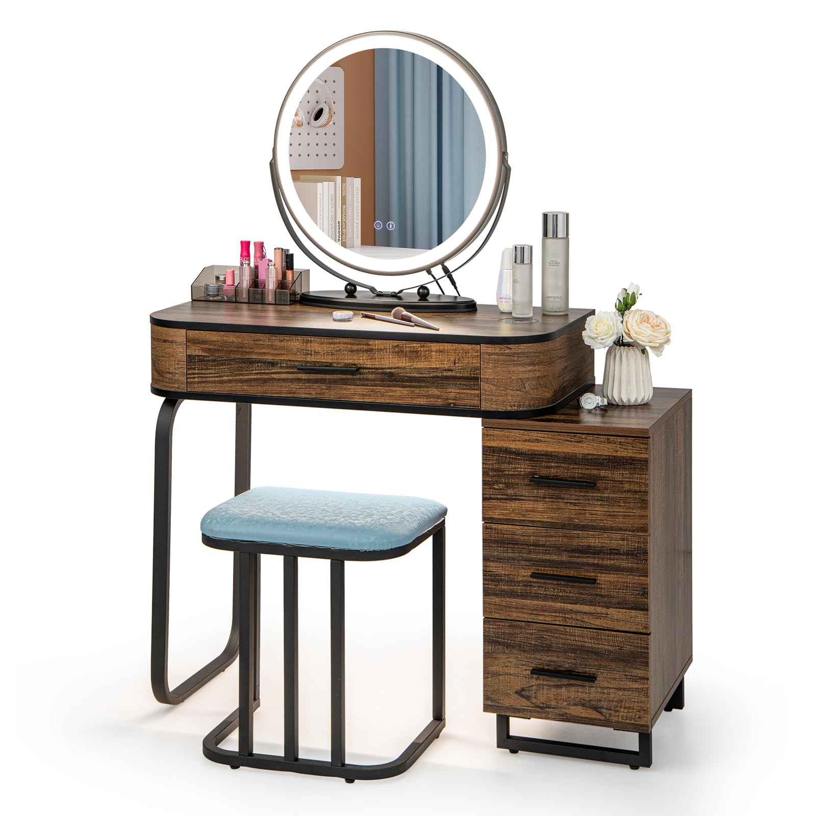 COSTWAY Dressing Table and Stool Set with 3-Color LED Lights Swivel Mirror, Charging Station, Drawers Cabinet and Human Body Induction, Bedroom Dresser Cosmetics Makeup Vanity Table Set (Brown)