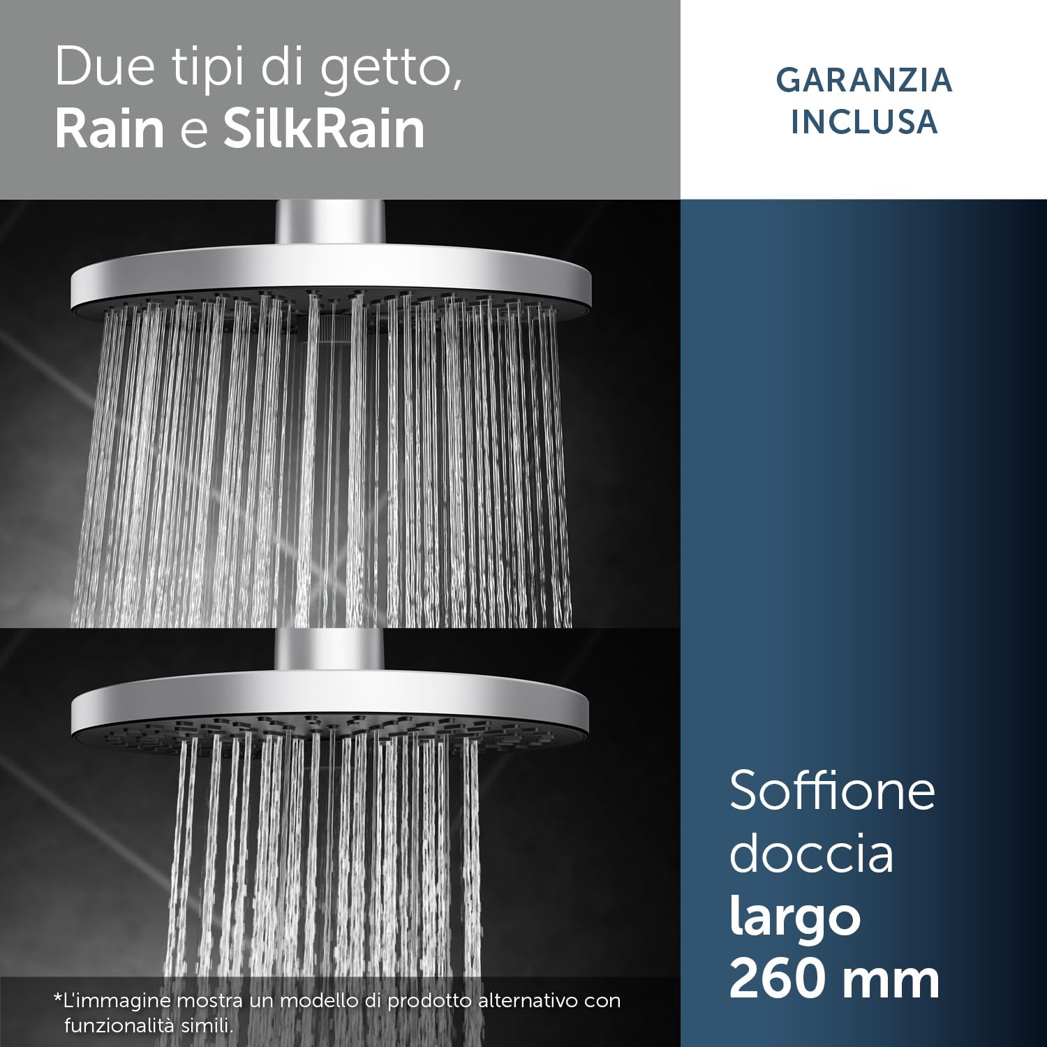 Ideal Standard Idealrain Alu+ Kit doccia, con due tipi di getto selezionabili tramite commutatore rotante, doccia a pioggia a risparmio idrico con ugelli EasyClean – Cromo (260x91x260 mm)