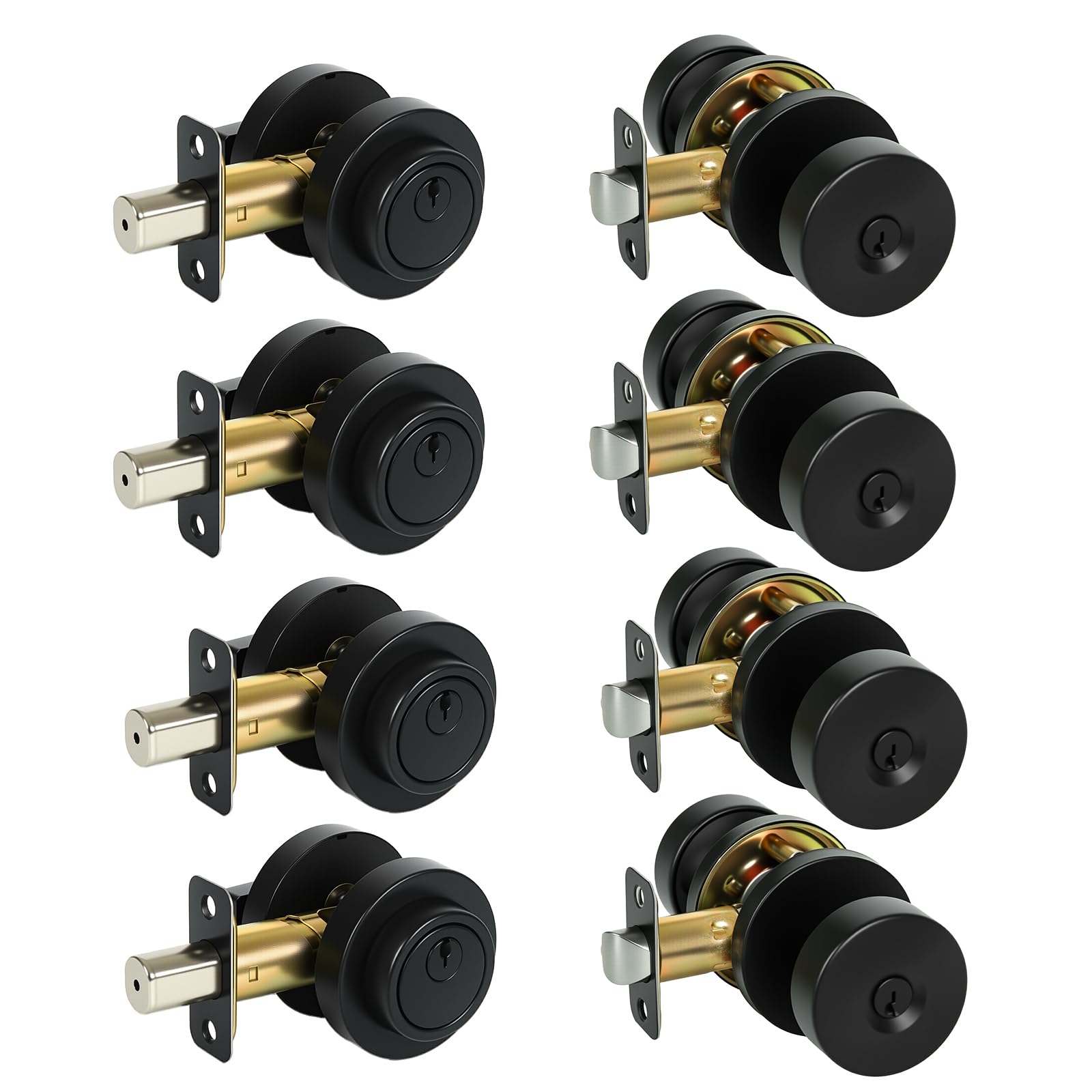 Cerraduras de puerta elegantes en negro mate y llaves iguales para accesos principales, juego de 4