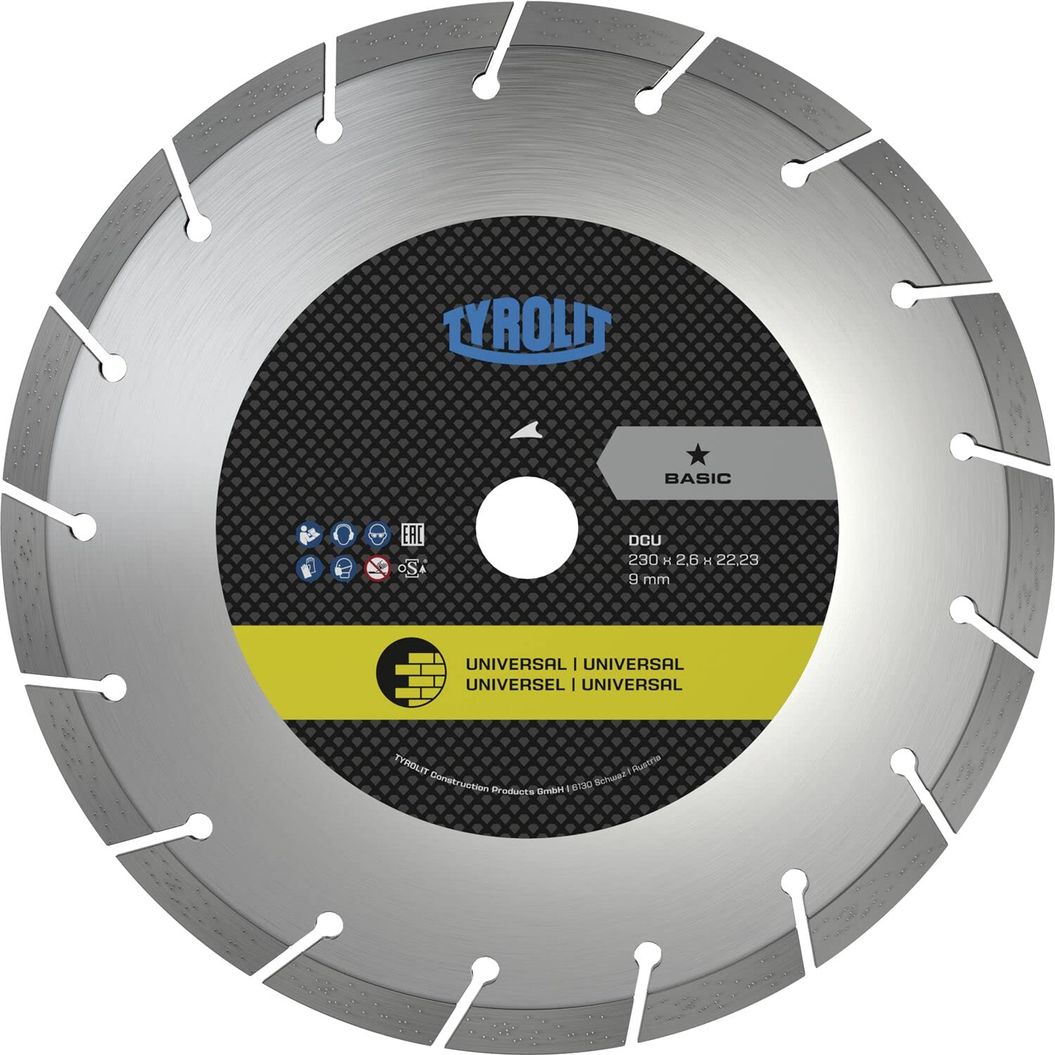 Tyrolit Disco da taglio diamantato 230 x 2,6/9 mm DCU Basic I disco da taglio per materiali da costruzione, cemento, mattoni, pietra naturale, cemento leggermente armato, lunga durata e stabilità