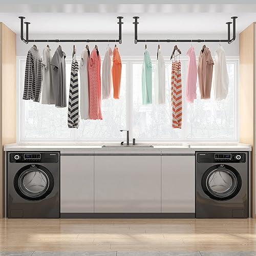 Miniatura 3 de IBUYKE TYJ002H-2 - Juego de 2 percheros industriales para colgar en la pared de 50 pulgadas, barra de armario colgante que ahorra espacio, perchero