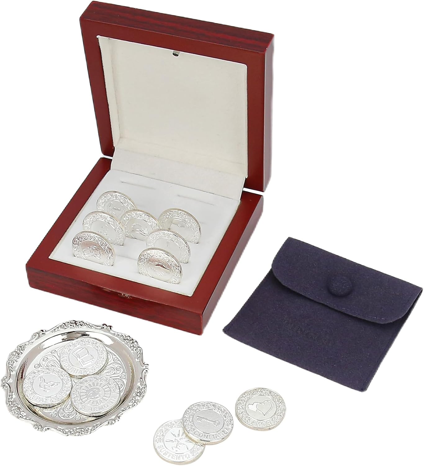 TINGKU 13-Piece Wedding Unity Coins Set – Spanish Arras para Boda Católica with Virgen de Guadalupe, Traditional Arras de Boda Cristiana in Wooden Gift Box, Recuerdos para Boda (Gold Coins)