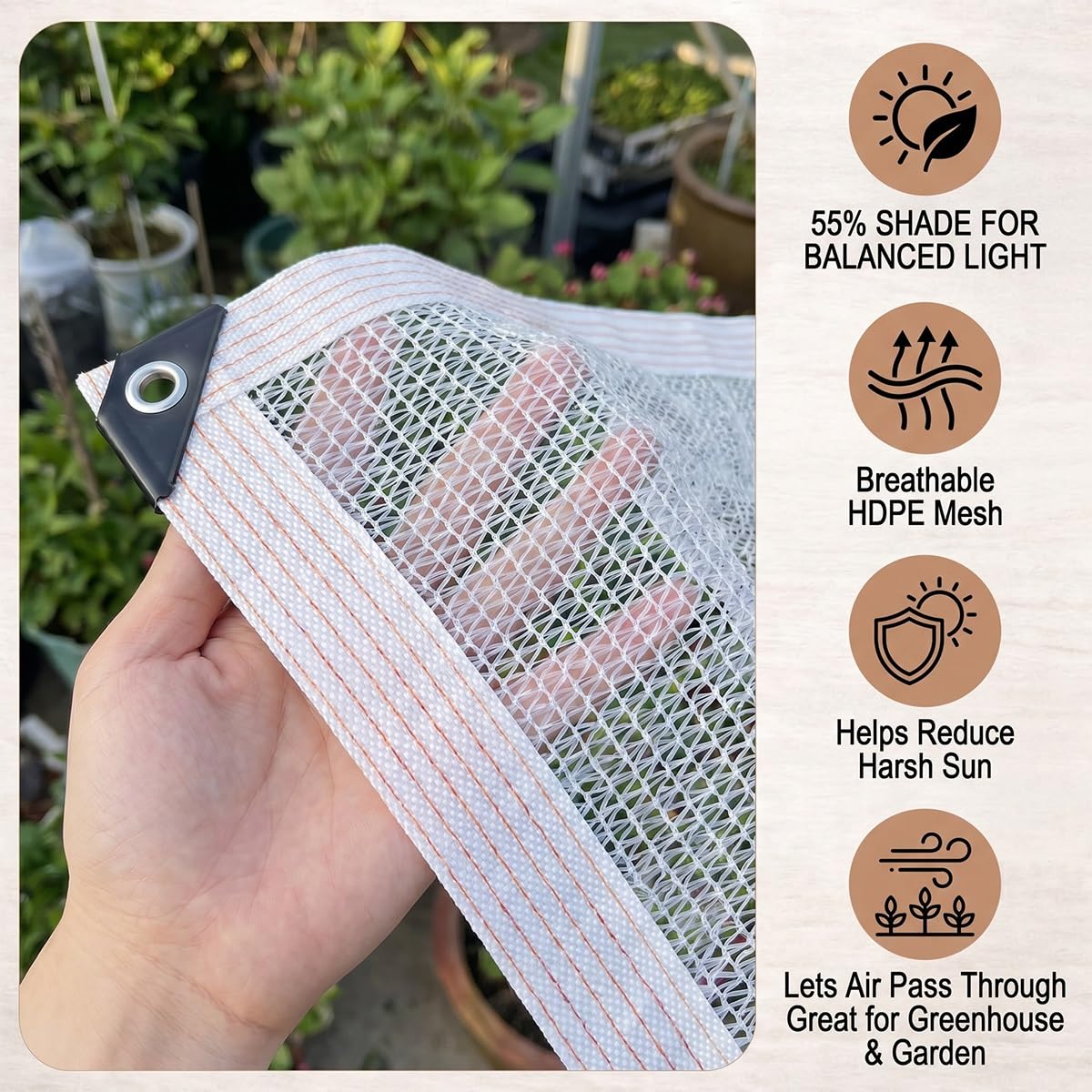 Weißes E-Netz, 55 % – atmungsaktives Outdoor-Baldachin mit Ösen und Seil, ideal für Gewächshäuser, Gartenpflanzen, Terrassen, Terrassen und Hühner (5 x 10 m)