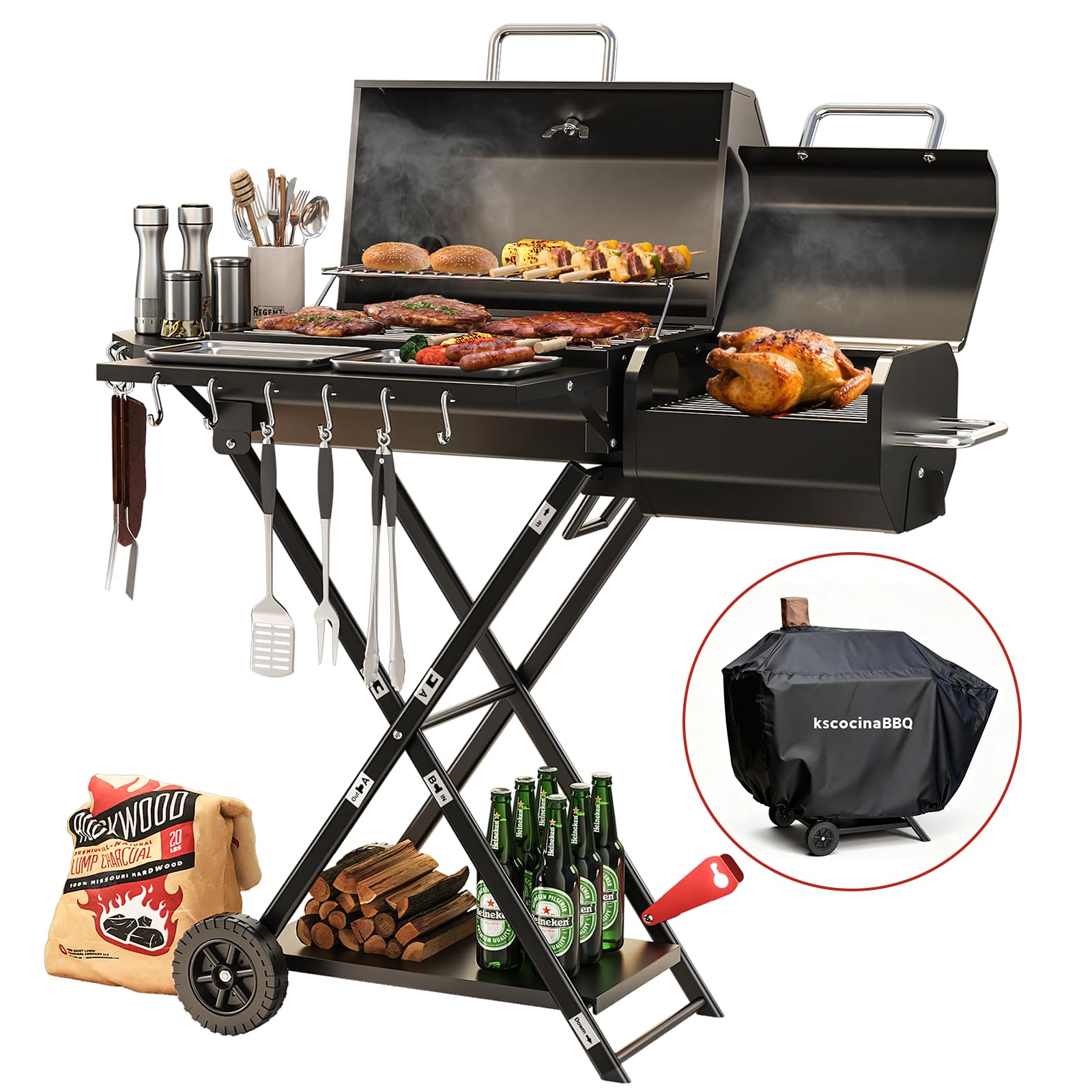 Portable Charcoal Grill with Smoking Function, Foldable