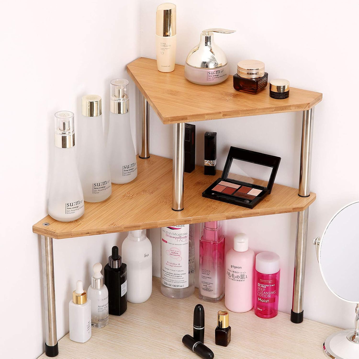 Olive Countertop Shelf for Kitchen Spices Pantry Cabinet Storage Separable 2-Tier Corner Shelves Counter Shelving for Bathroom Cosmetic Organizer Free Standing Plant Rack (Triangle)