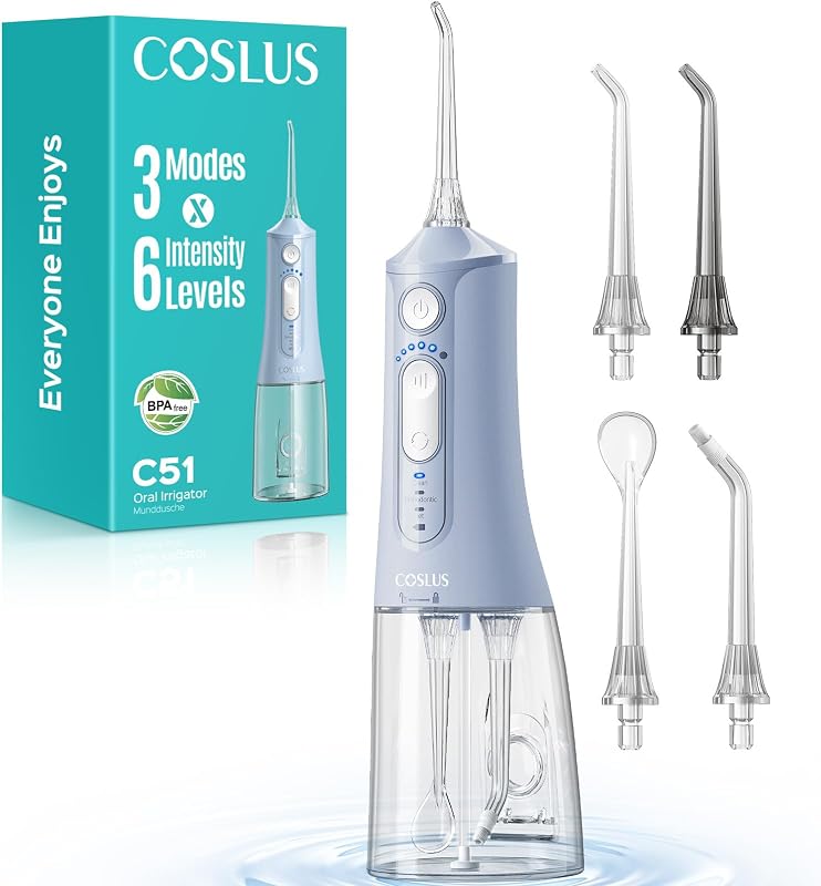 COSLUS ADA Accepted C51 Water Dental Flosser for Teeth, 3 Modes 6 Pressure | Water Dental Pick for Orthodontic, Braces, Sensitive Gums, Multiple Users, Compact for Travel Built-in Nozzle Storage, Blue