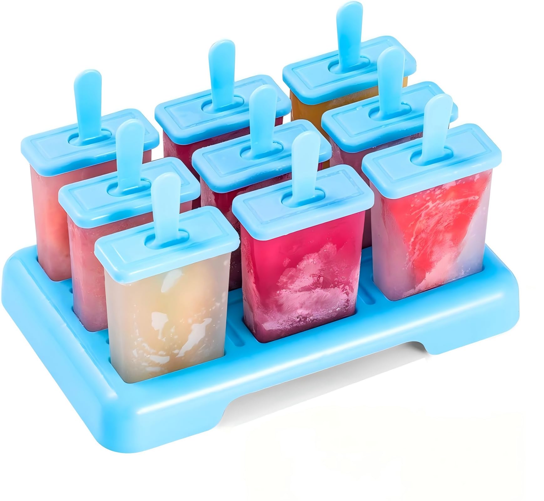 Ice Lolly Moulds 9 Popsicle Molds Reusable Food Grade BPA-Free Ice Pop Moulds, DIY Ideas Ice Lolly Moulds Comes with a Cleaning Brush and Silicone Folding Funnel (Blue)