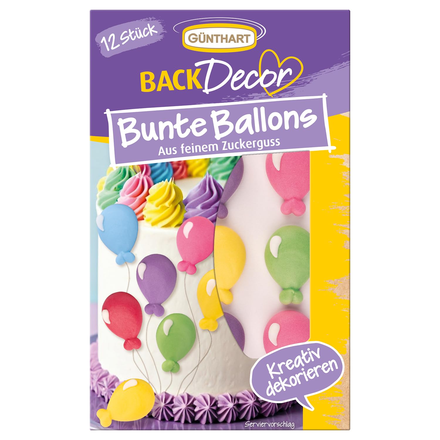 Günthart BackDecor VKE 15 x 12 Stück Bunte Ballons aus Zucker mit 3D Effekt in rosa, grün, lila, gelb, blau und rot, 1er Set (180 Stück)