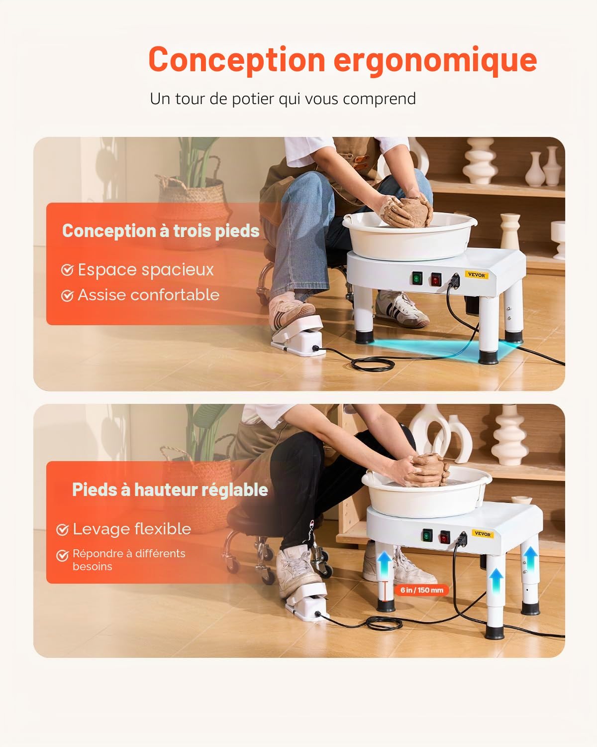 VEVOR Tour de Potier avec Plateau Tournant de 28 cm, Roue de Poterie Vitesse Réglable 60-300 tr/min, avec Pied de Levage Réglable et Bassin Amovible, pour Cours, Bricolage Artisanat Domicile, Blanc