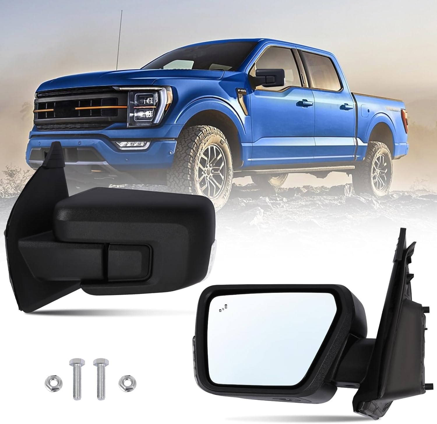 F150 Driver Side Mirror Replacement for 2021-2024 Ford F-150, Power, Heated, Signal Light, Manual Folding, Textured Black, Blind Spot Light, Puddle Light