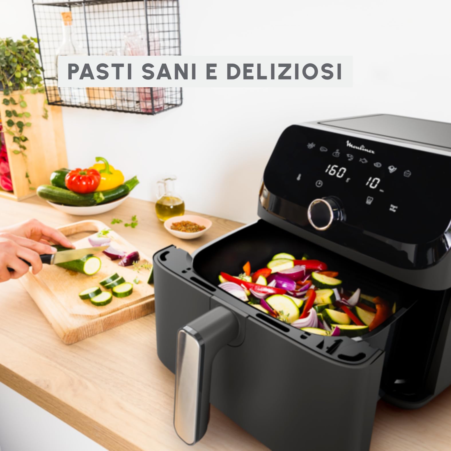Moulinex Easy Fry Mega, Friggitrice ad Aria, Capacità Extra-Large 7.5 L, Fino a 8 Persone, 8 Programmi Preimpostati, Dimensioni Compatte, App con Ricette, Lavabile in Lavastoviglie, EZ855H, nera