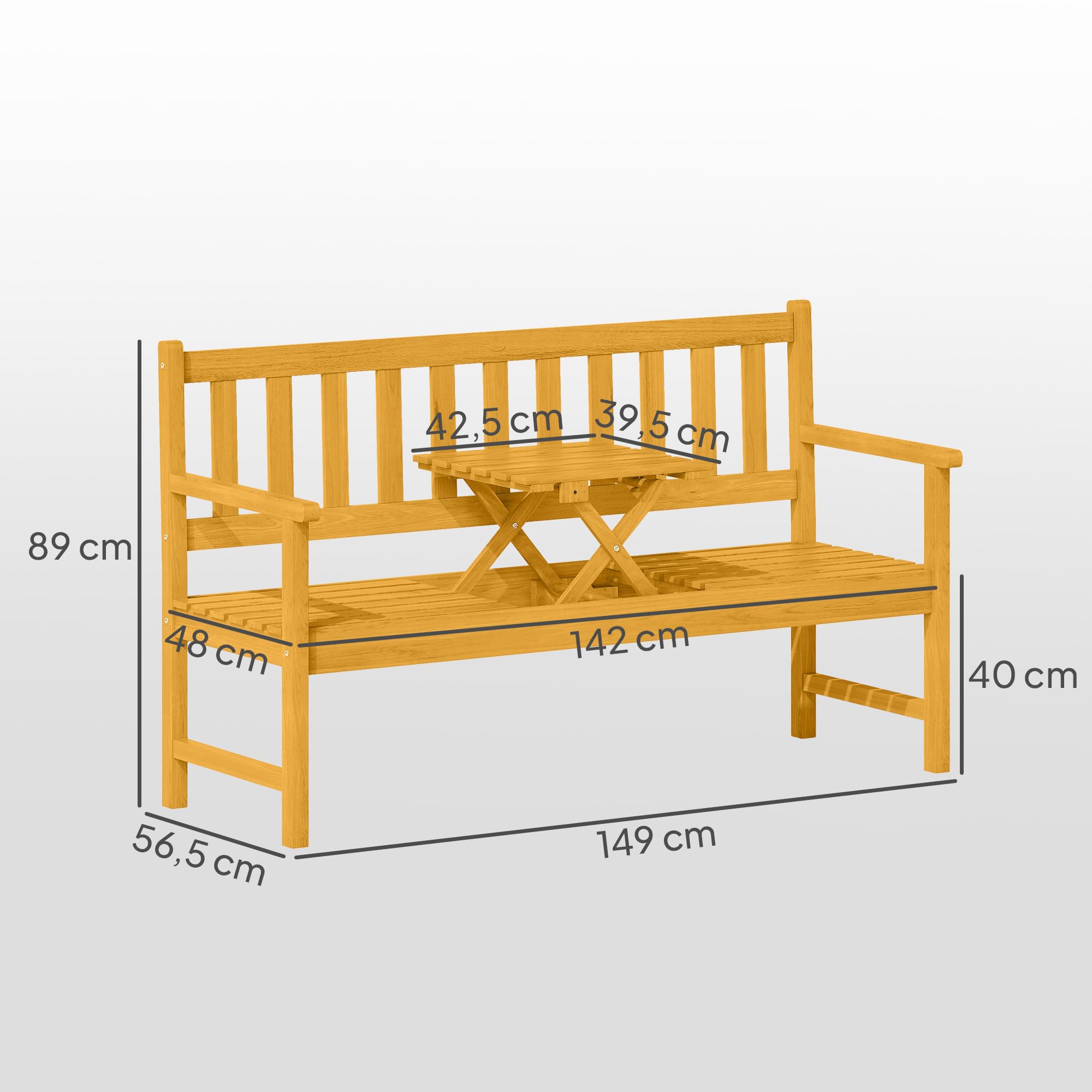 Outsunny 2-Sitzer Gartenbank Akazienholz FSC®, wetterfest Sitzbank, Gartenmöbel mit Rücken- & Armlehnen, Klappbarer Tisch Parkbank 320kg belast, Holzbank für Balkon, Garten, 149x56,5x89cm, Teak