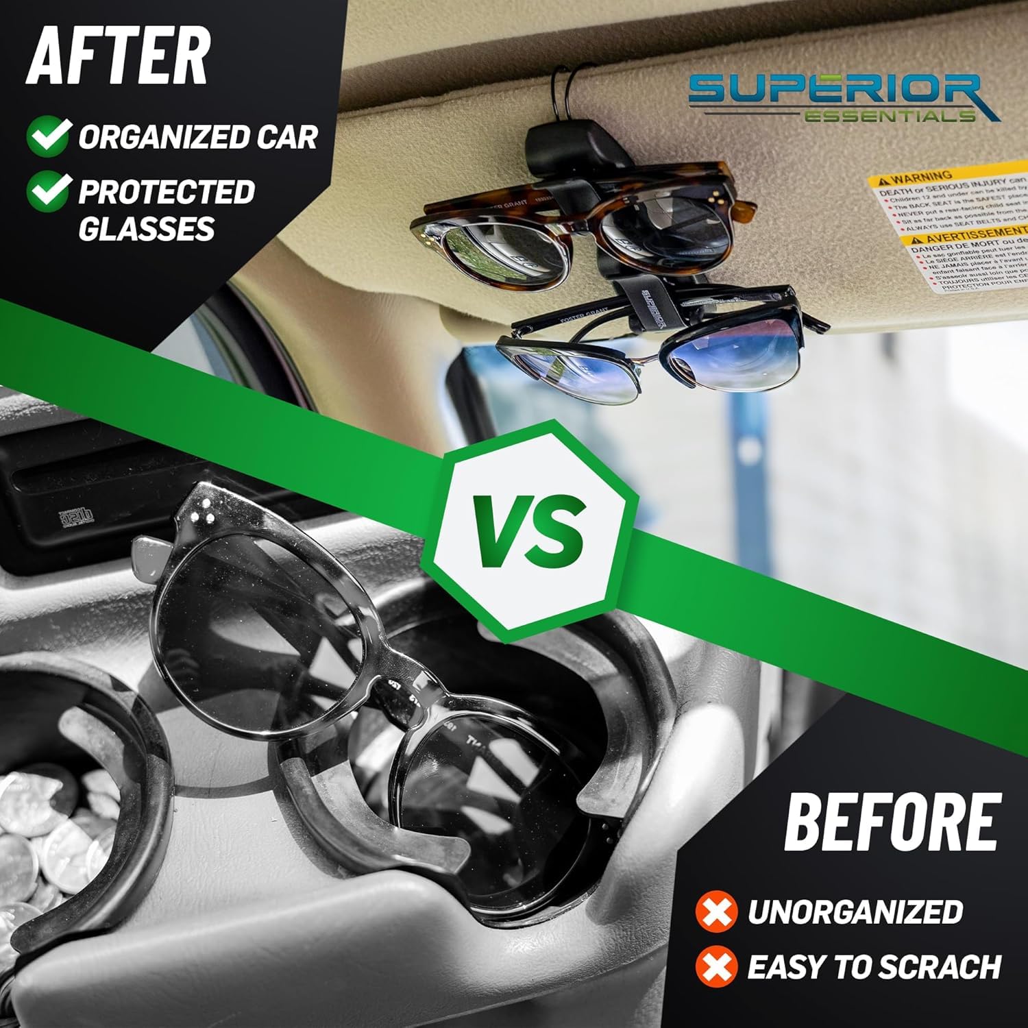 SUPERIOR ESSENTIALS Sonnenbrillenhalter für Auto Visier Mehrere Brille - Auto Visier Sonnenbrille Clip Halter Zubehör - Patentiert