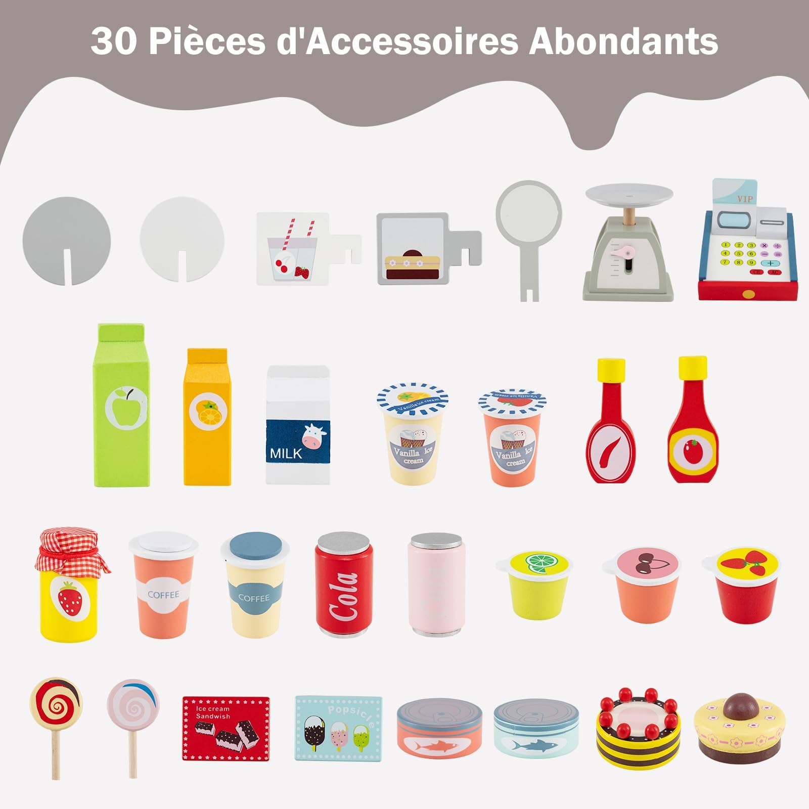 Epicerie Enfant en Bois avec 30 PCS Accessoires Marchande Enfants avec Auvent Supérieur & Poignée de Poussée Motif d’Aliments Mignons 3 Ans