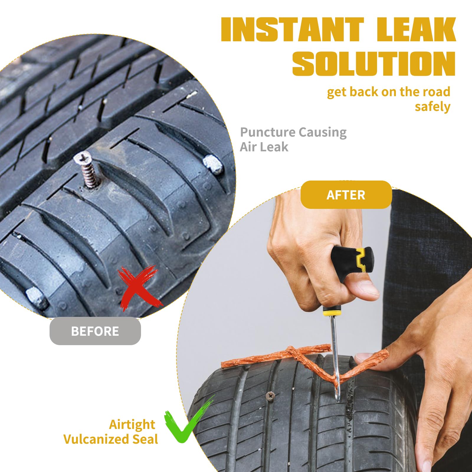 Set di riparazione pneumatici auto, tubeless con 30 strisce di riparazione per pneumatici, 20 strisce marroni e 10 nere e 2 strumenti con impugnatura a T per auto, moto e bicicletta