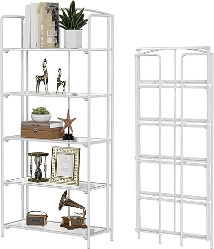 Miniatura 150 de Crofy - Estantería plegable sin montaje para sala de estar, estante plegable blanco de 5 niveles para oficina en casa, organizador de almacenamiento
