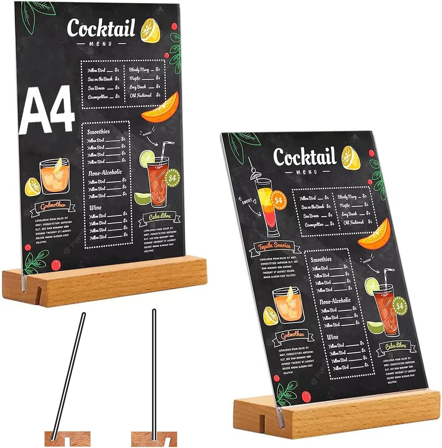 A4 Table Stand Pack of 2 Acrylic Table Stands with Wooden Base Acrylic Photo Stand Advertising Stand Display Double-Sided Display Stand for Price Tags for Restaurants Cafes Offices