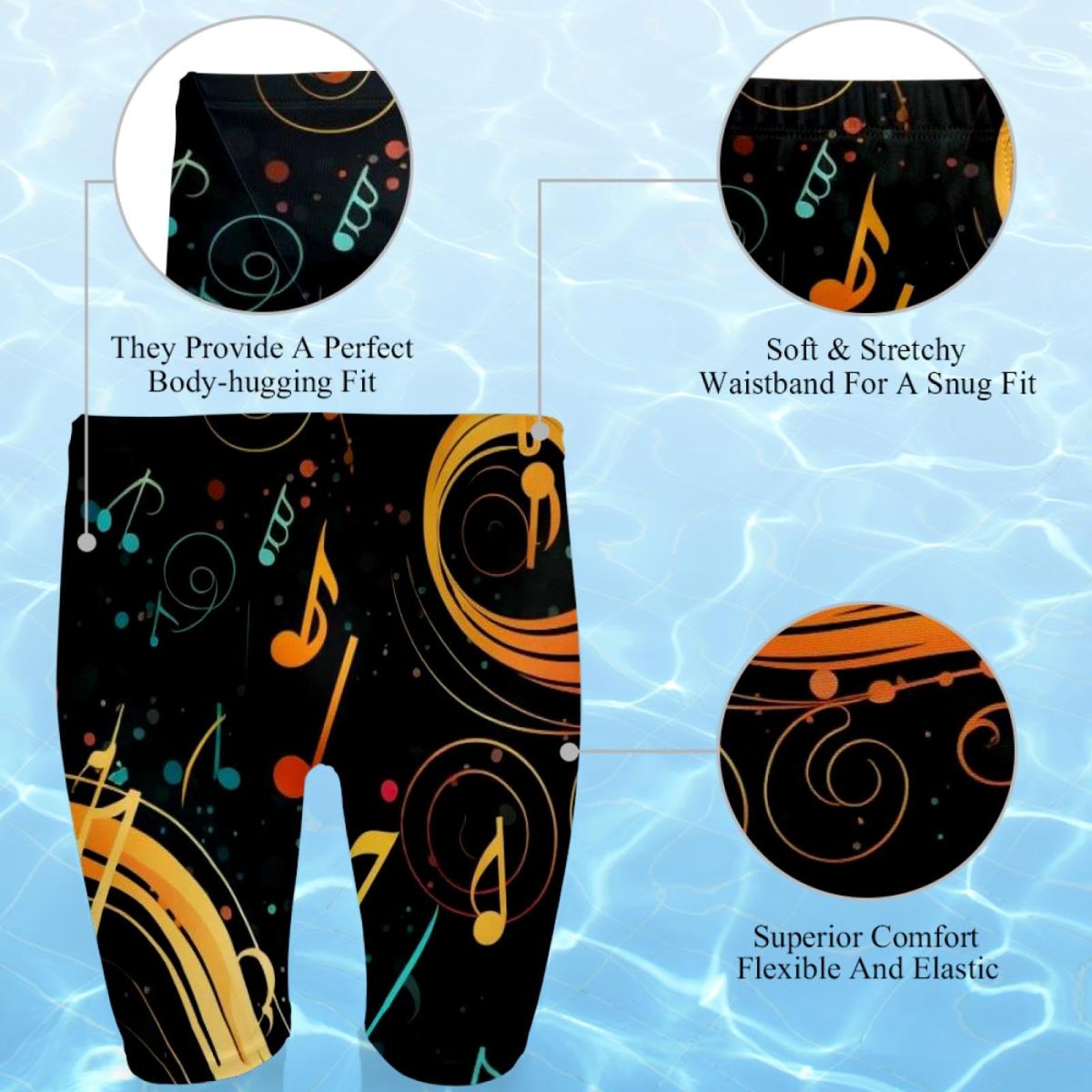Colorful Music Notes Swimsuit for Men & Boys,Competition Lap Swim Suit, Square Leg Endurance Training