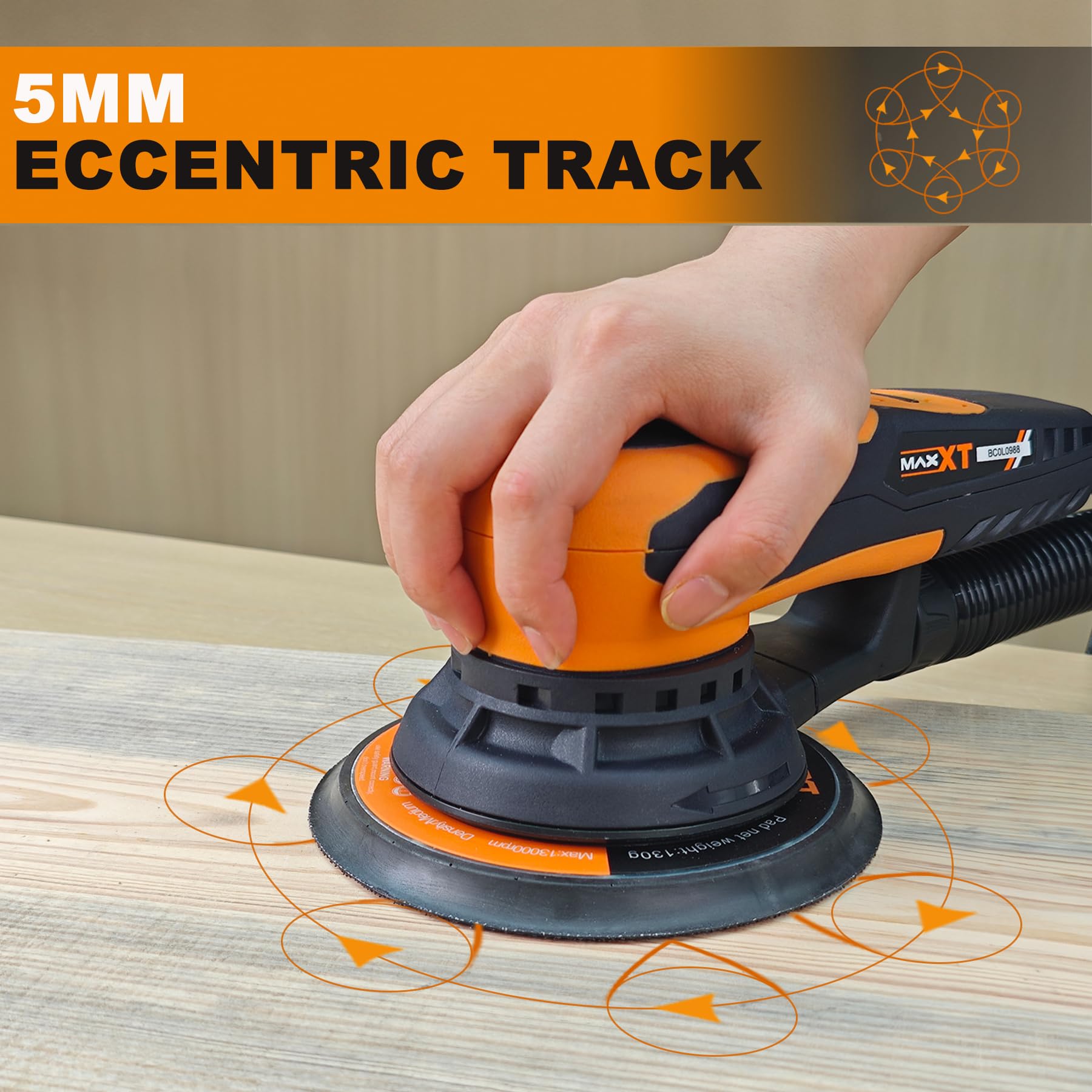 MAXXT Levigatrice rotorbitale senza spazzole 150 mm, 350W, Levigatrice orbitale da 5.0 mm con connessione a tre nuclei, Freno automatico-2s, 6 velocità regolabili e inclusi 10 fogli di carta vetrata