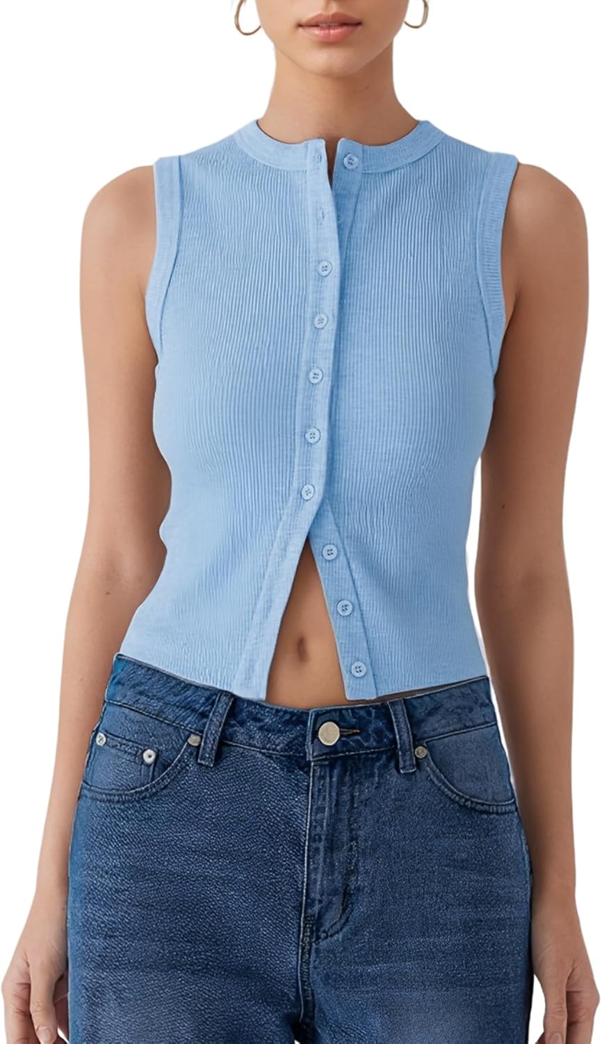 Women’s Button Down Tank Tops Sleeveless Ribbed Crop Summer Button Up Crewneck Vest Shirt Going Out Slim Fit Tops