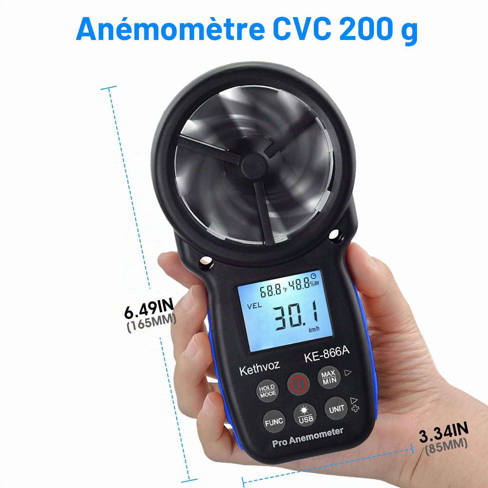 Kethvoz VMC Anémomètre Portable avec Thermomètre pour Mesure la vent vitesse debit d air VMC, Humidité, Température pour Système de collecte de poussière CVC, KE-866A