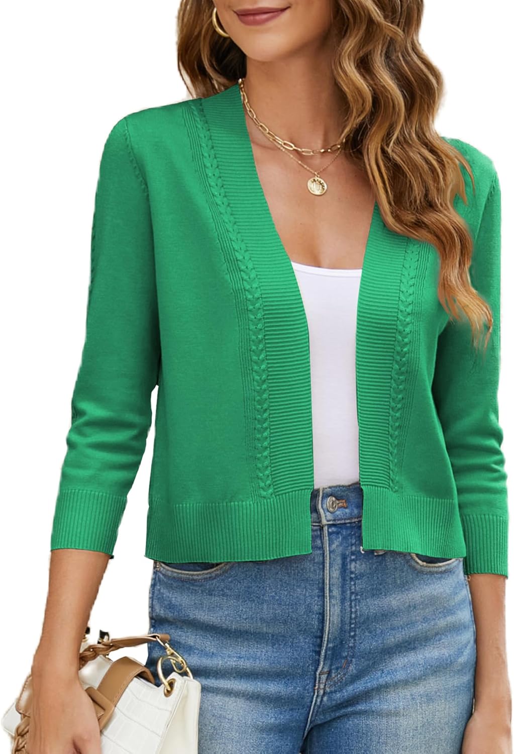 Stiehiok Women's Cropped Cardigan Sweater 3/4 Sleeve Open Front Bolero Shrug Sweaters Soft Cotton Knit Jacket Top
