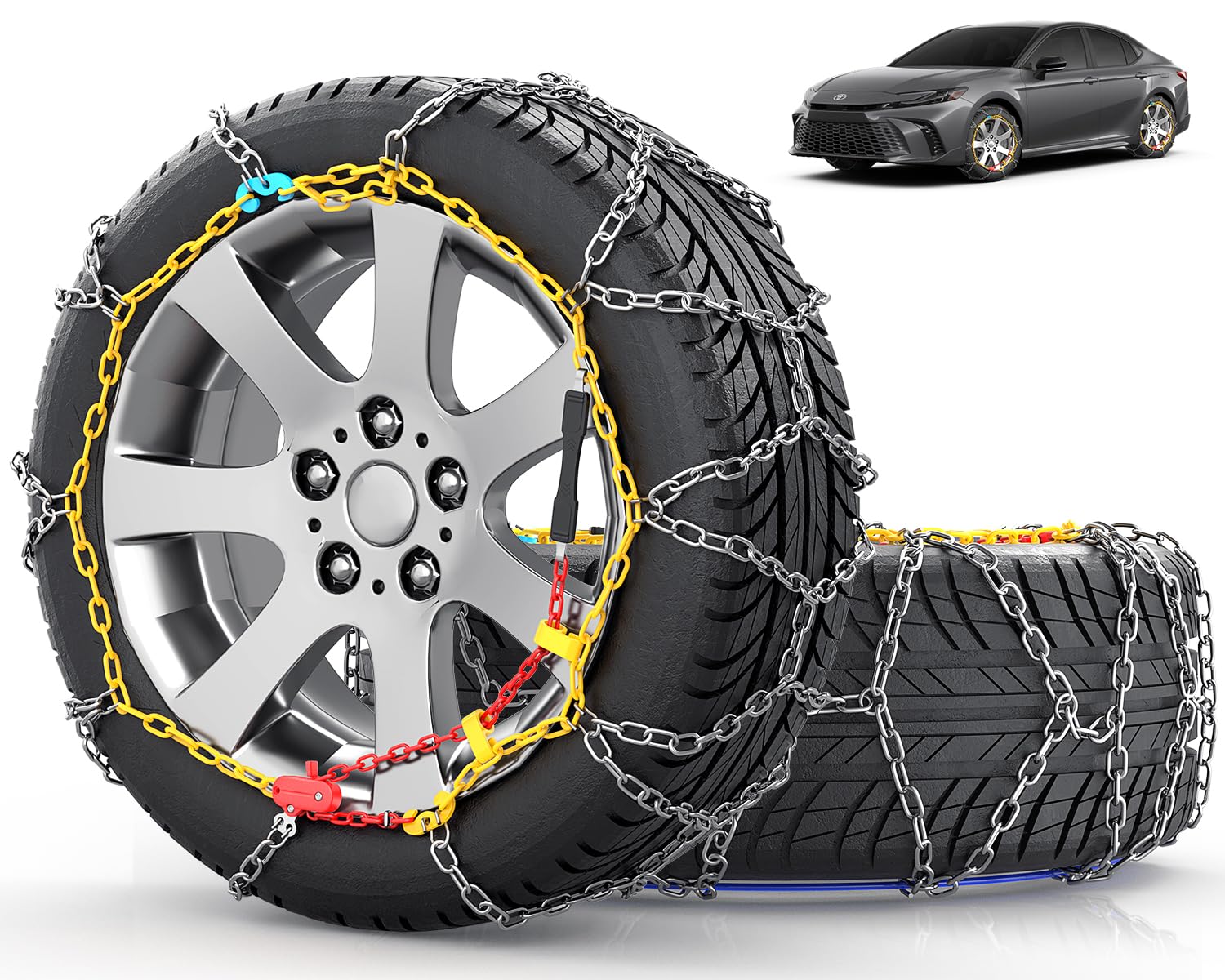 Snow-Chains Easy Install Tire-Chains, One-Pull Fit Design Tire Snow Chains for Passenger Cars, Sedan, SUVs, Emergency Winter Tire Traction Car Tires