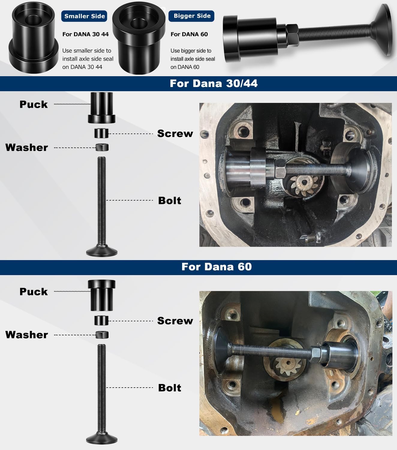 Inner Axle Side Seal Installation Tool For Dana 30/44/60 Front & Rear Differentials Compatible with Jeep, Ford, Dodge, Volve Chevrolet, GMC, International Scout, Jaguar, Isuzu, Mercury Mariner
