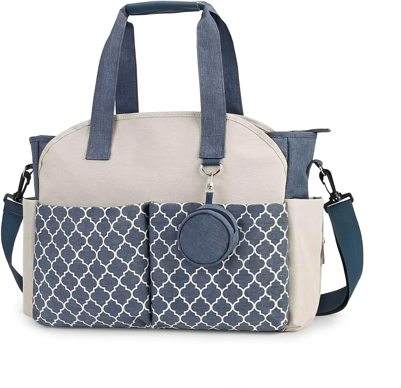 1 sac à langer fourre-tout avec station à langer, sac multifonction pour bébé avec bandoulière réglable (bleu foncé + beige)