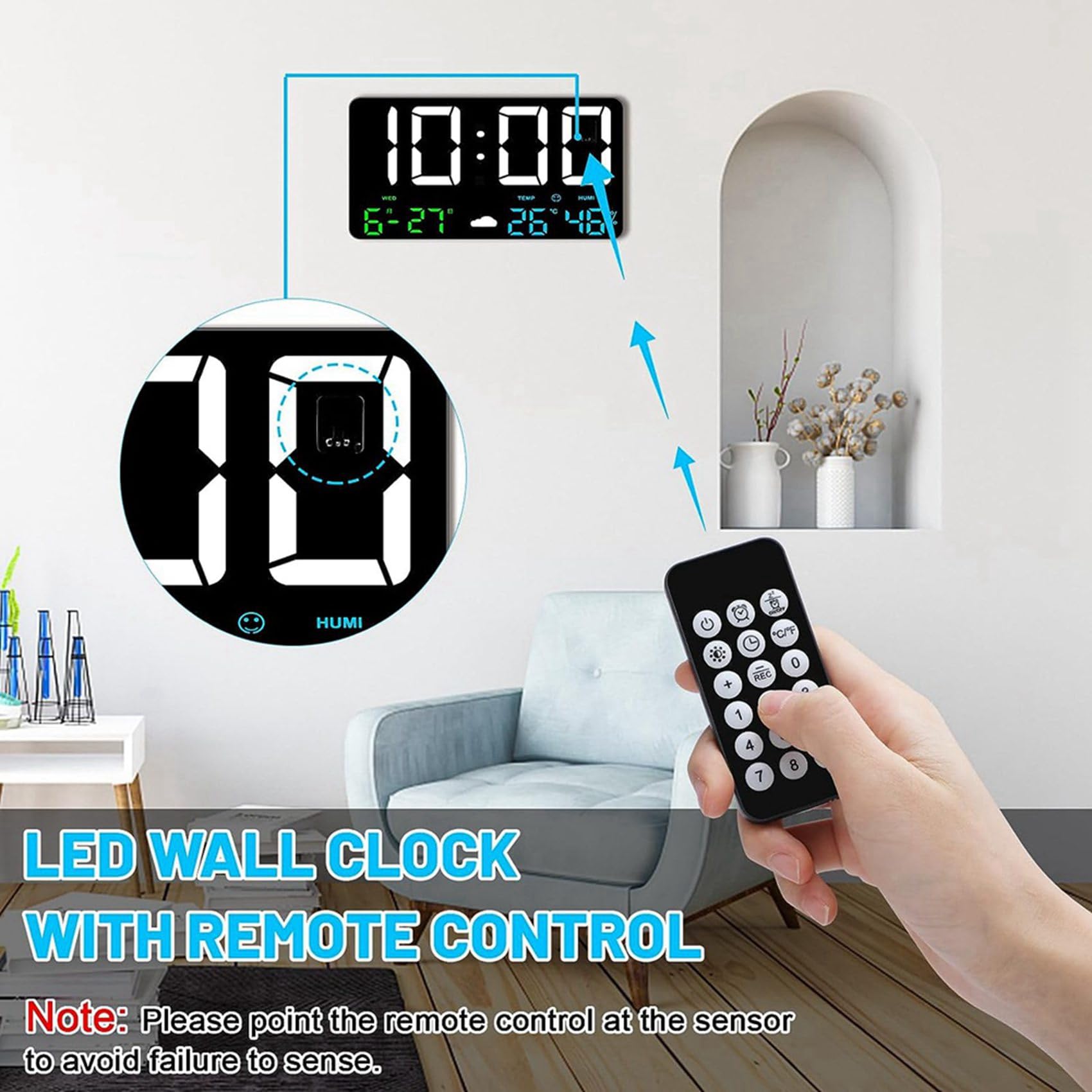 2 x cyfrowy zegar ścienny z dużym wyświetlaczem, 25 cm USB LED cyfrowe zegary ścienne, budzik do sypialni ze stacją pogodową