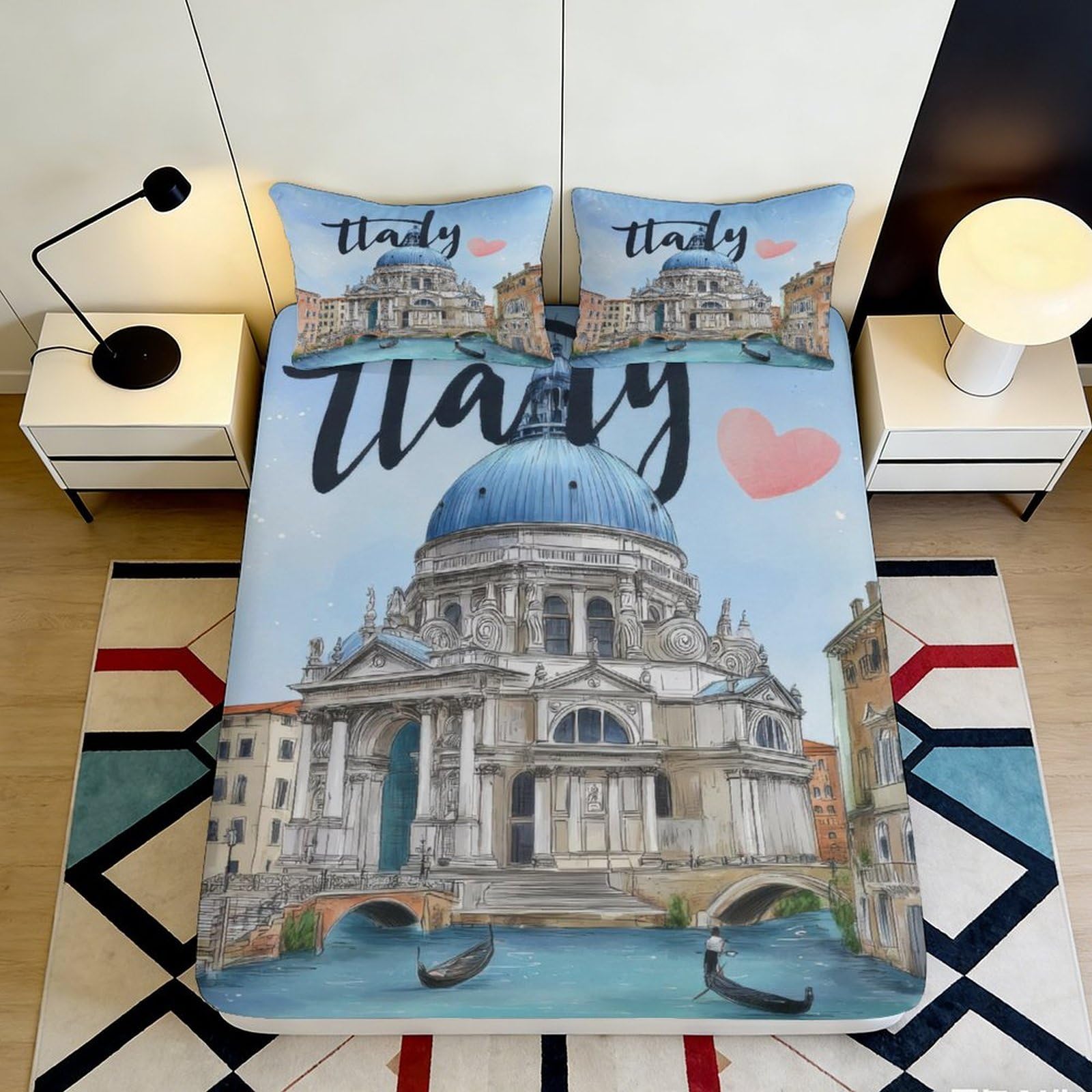 3D Printed Italy Landmark Fitted Sheet Microfiber Soft Blue Cityscape Bed Cover for Bedroom Guest Room Decor 90x200x25cm