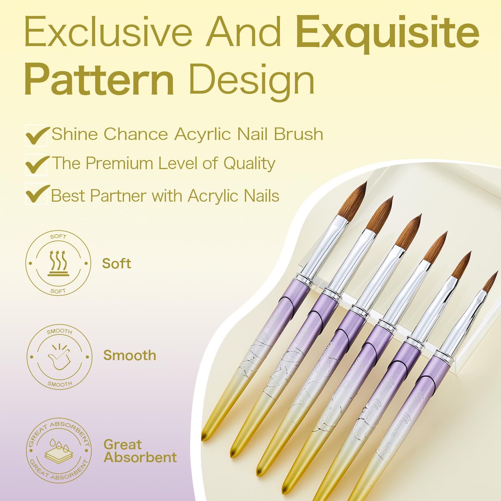 Kolinsky - Set di 6 pennelli acrilici per nail art, design artistico e lucidante, strumenti per manicure da donna, per applicazione acrilica (misura 2, 6, 8, 12, 14, 16)