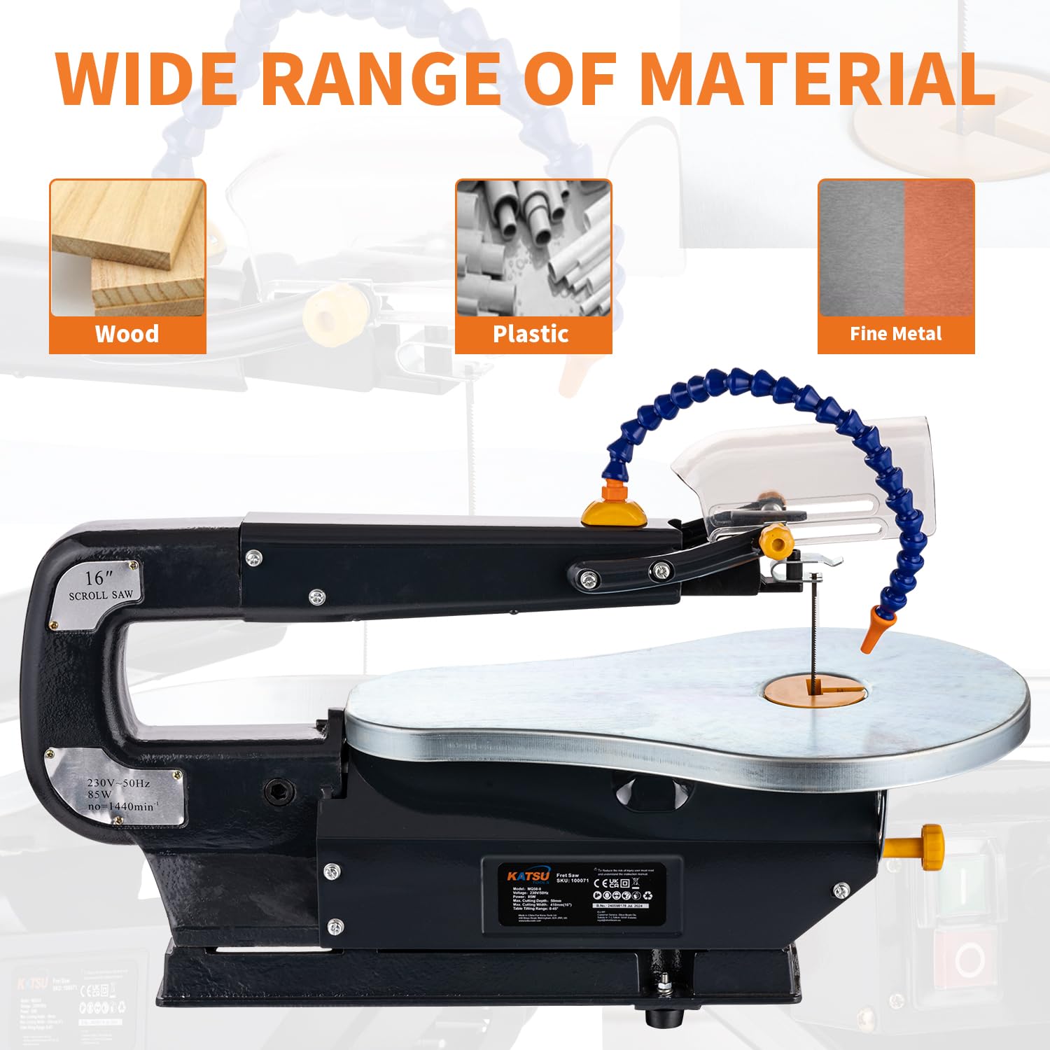 KATSU Tools Sega a Traforo 16 Pollici 85W con Tavolo di Lavoro Inclinabile a 45°, Cambio Lama Senza Attrezzi, per Lavorazione del Legno, Hobby, Artigianato e Fai-da-Te 100071