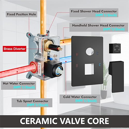 Miniatura 6 de Midanya Sistema de ducha con boquilla de bañera, juego de grifo de ducha con cabezal cuadrado de lluvia y rociador de mano, juego de grifo de pared