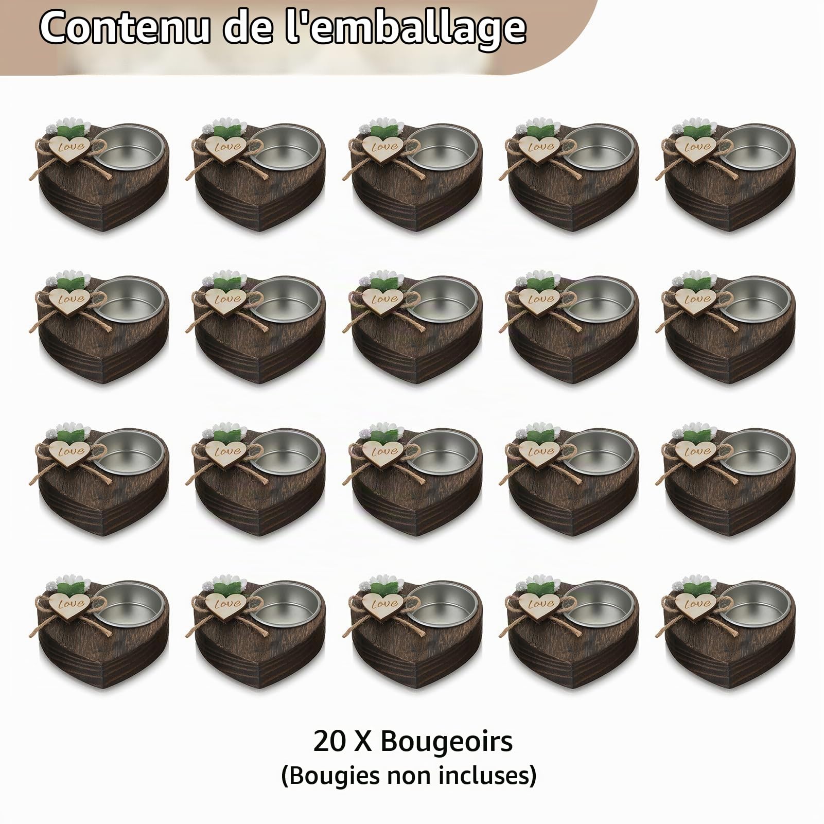 NUPTIO Porte-Bougies à Bois: 20 Pièces Souvenirs Mariage Cadeaux Fête Les Invités Cadeau Retour Douche Vrac Bougeoir à Réchaud Favoris Douche Bébé Décoration Table Baptême Personnalisée