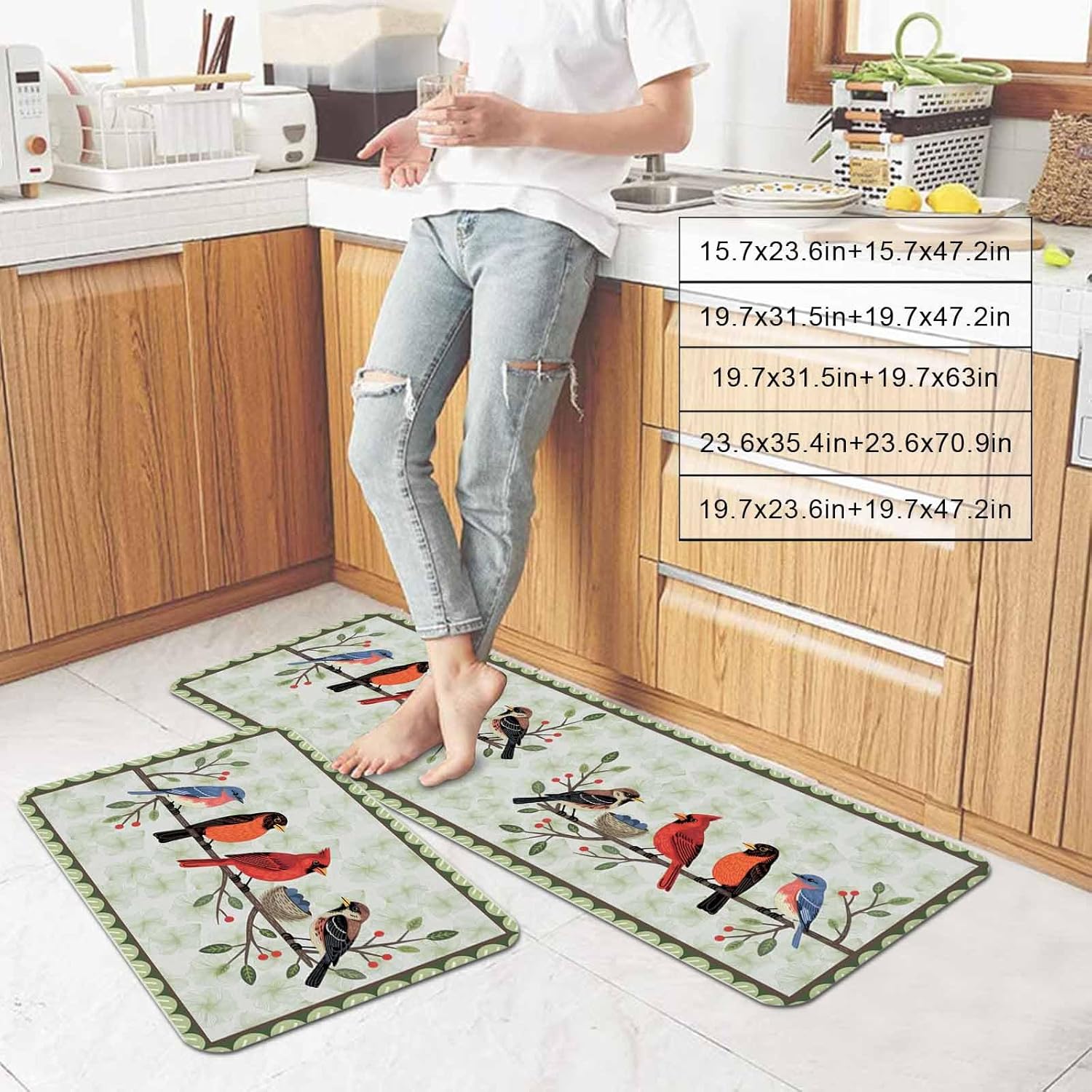 Spring Cardinal Kitchen Mat Set 2 Pieces Birds Light Green Leaf Background Rustic Country Non Slip Kitchen Rugs Washable Runner Rug Mats for Floor Sink Laundry Office 23.6" x 35.4"+23.6" x 70.9"