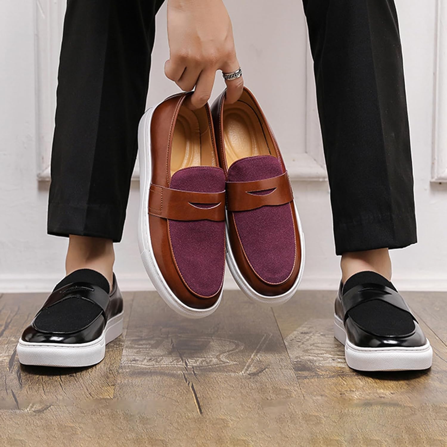 Men's Genuine Leather Splicing Slip-On Loafers Lightweight Non-Slip Driving Shoes Breathable Boat Sneakers for Walking Travel Office - Image 2