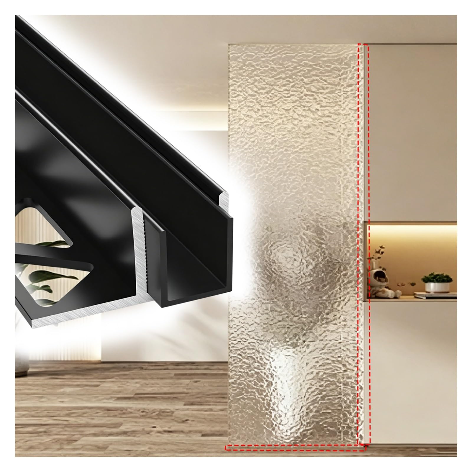 Bedroom Glass Fixed Channel 40 55 60 in, Embedded Partitions Panels Retaining Track for Stabilizing Support, Rustproof Retainer Trim Slot for 3/8"(10mm)(Black,L170cm/67in)