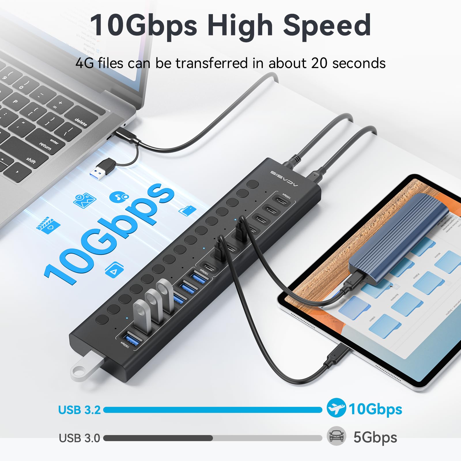 ACASIS Hub USB C 3.2 Alimentato 16 Porte 10Gbps 8 USB-A + 8 USB-C,96W | Alimentatore, Interruttori Individuali, Alluminio, per PC/Mac/Linux/Android, Disco Esterno e Chiavetta