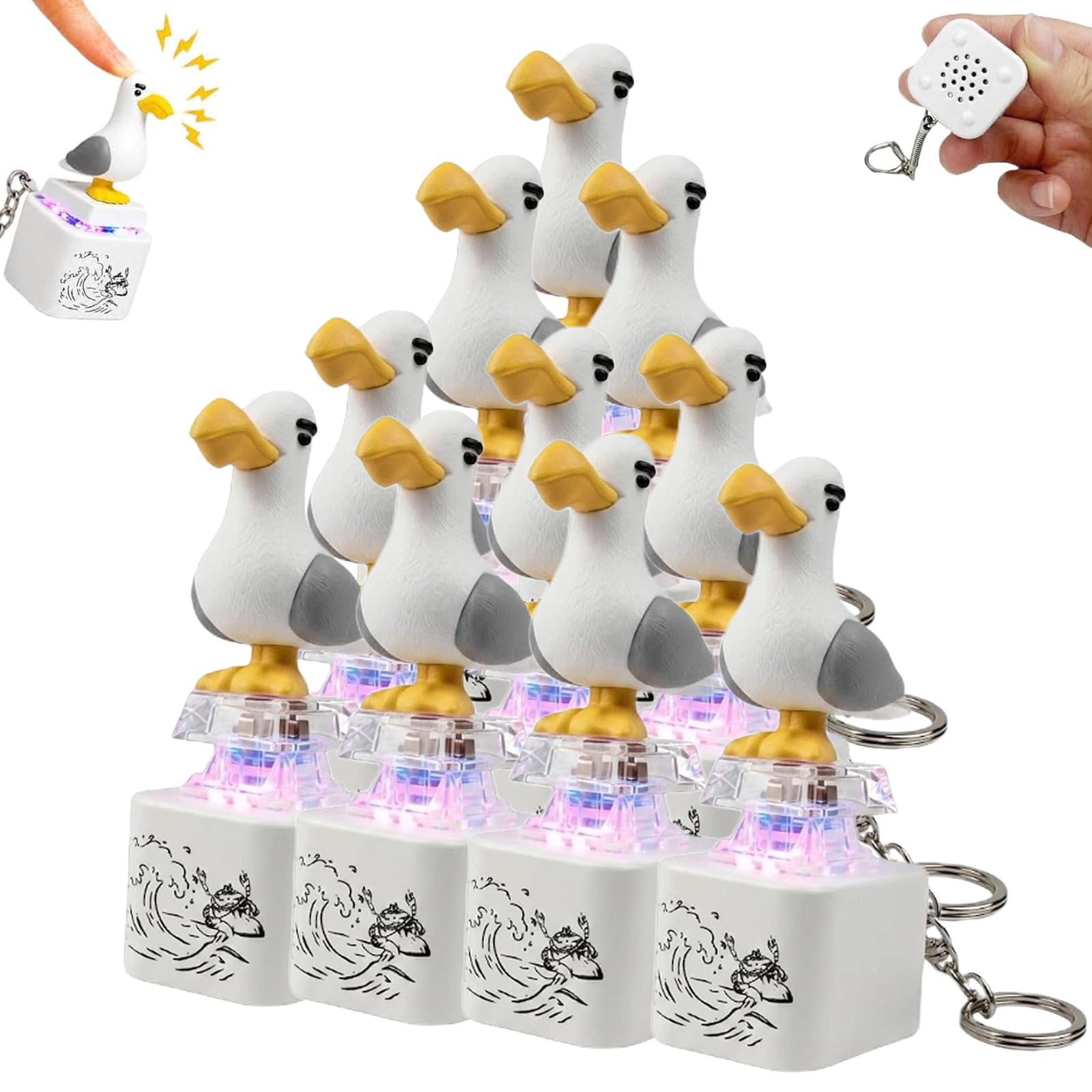 Seagull Mine Sound Button Keychain, Rechargeable Portable Gadget With Quacking Sound & LED Light, Funny Interactive Desk Decor Novelty Gift For Friends & Family (10pcs)