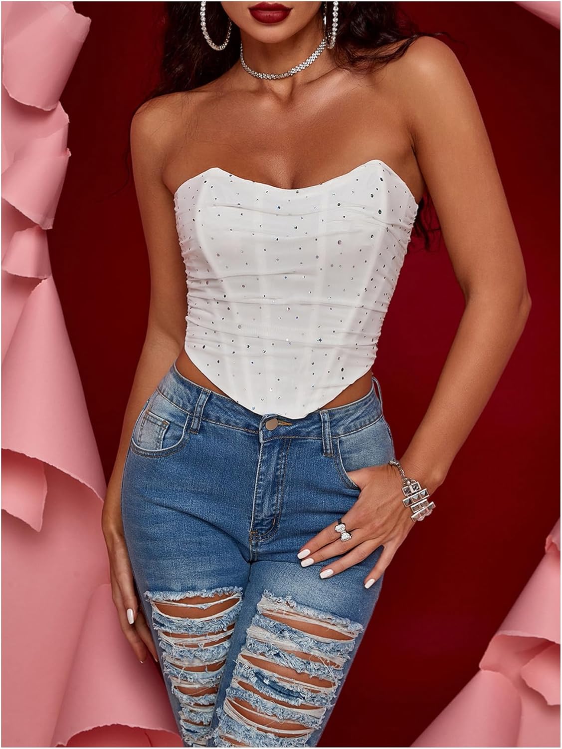 MakeMeChic Women's Sequin Strapless Corset Top Shapewear Sparkly Bustier Ruched Lace Up Party Crop Y2K Tops - Image 4